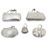 Four assorted silver coin purses and another silver plated example,