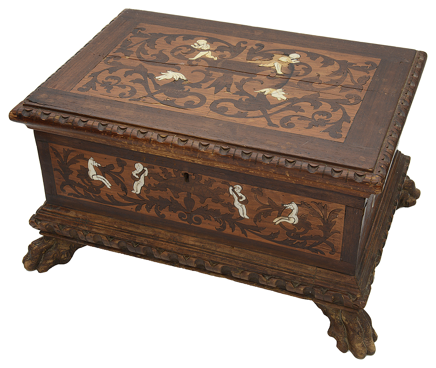 A late 18th century Northern Italian walnut, marquetry and ivory inlaid table casket