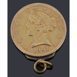 An American five dollar gold coin dated 1901,