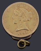 An American five dollar gold coin dated 1901,