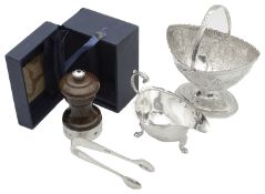 A late Victorian swing handled sugar basket and other silver items