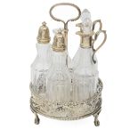 A George III silver five bottle cruet stand