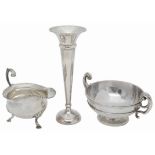 A late Victorian twin handled small rose bowl, a gravy boat and a spill vase
