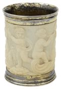 An 18th century South German parcel-gilt mounted carved ivory tusk beaker