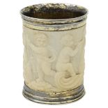 An 18th century South German parcel-gilt mounted carved ivory tusk beaker