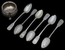 A set of six late 19th century Russian .84 zolotnik fiddle pattern teaspoons and salt
