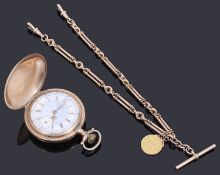 A gold plated cased Elgin full hunter pocket watch with 9ct gold Albert and half sovereign fob