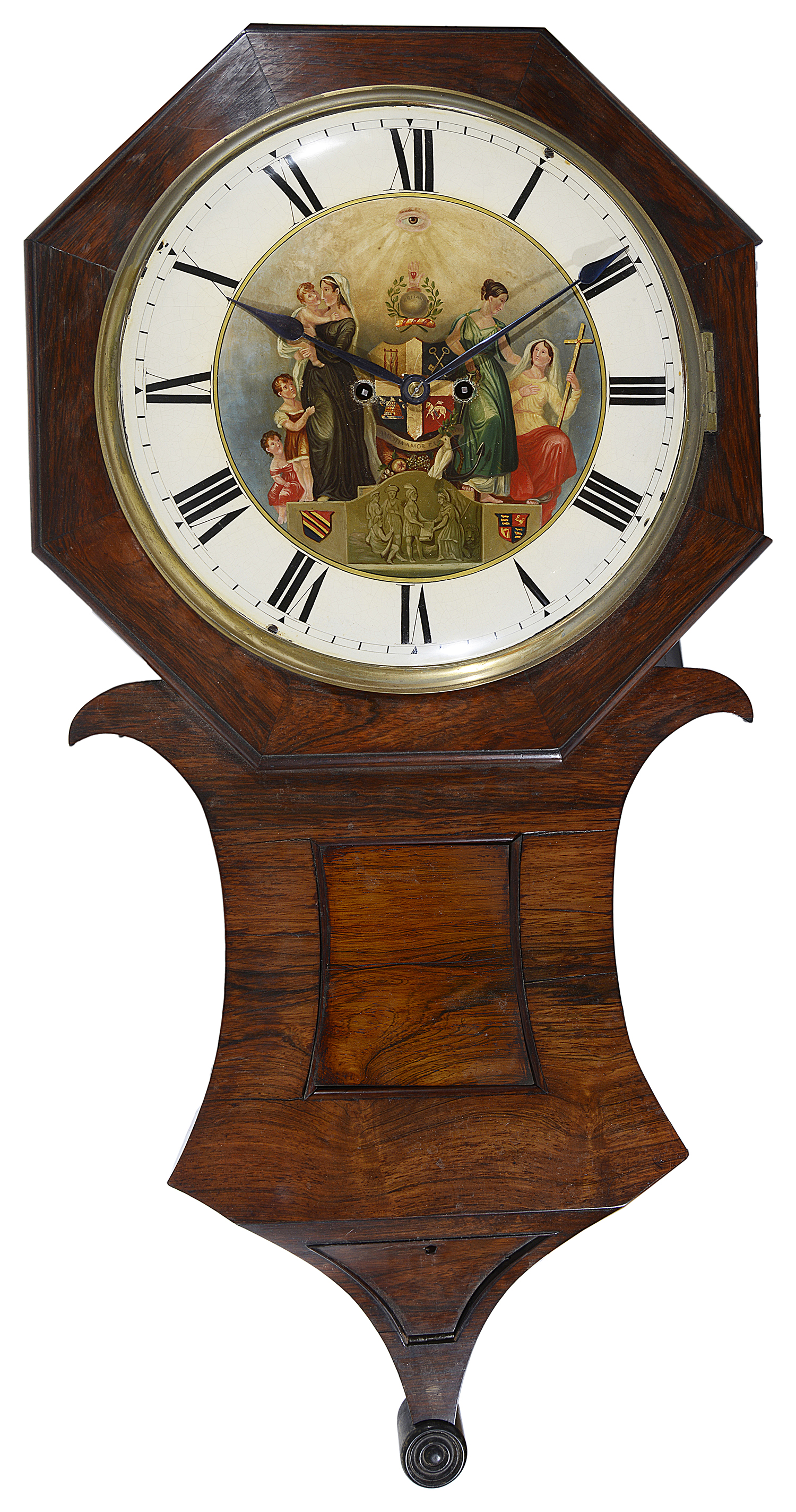 A large late Regency rosewood Oddfellows drop dial wall clock