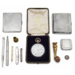 A selection of silver items to include a 9ct gold propelling tooth pick, cigarette cases