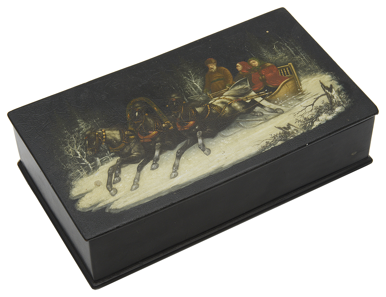 An early 20th century Russian black lacquer and papier box
