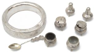 Two early 20th c. Chinese export .900 silver three piece cruet sets and an Indian silver posy ring