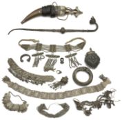 A collection of Yemeni Bedouin white metal jewellery and other items