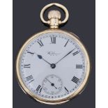 A 9ct gold Waltham open faced top wound pocket watch,