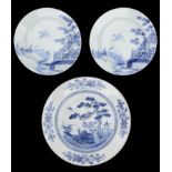 An 18th century Chinese export blue and white charger and pair of blue and white plates