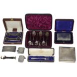 A mixed lot of mostly Edwardian silver to include a cigarette case in a fitted case and vesta cases