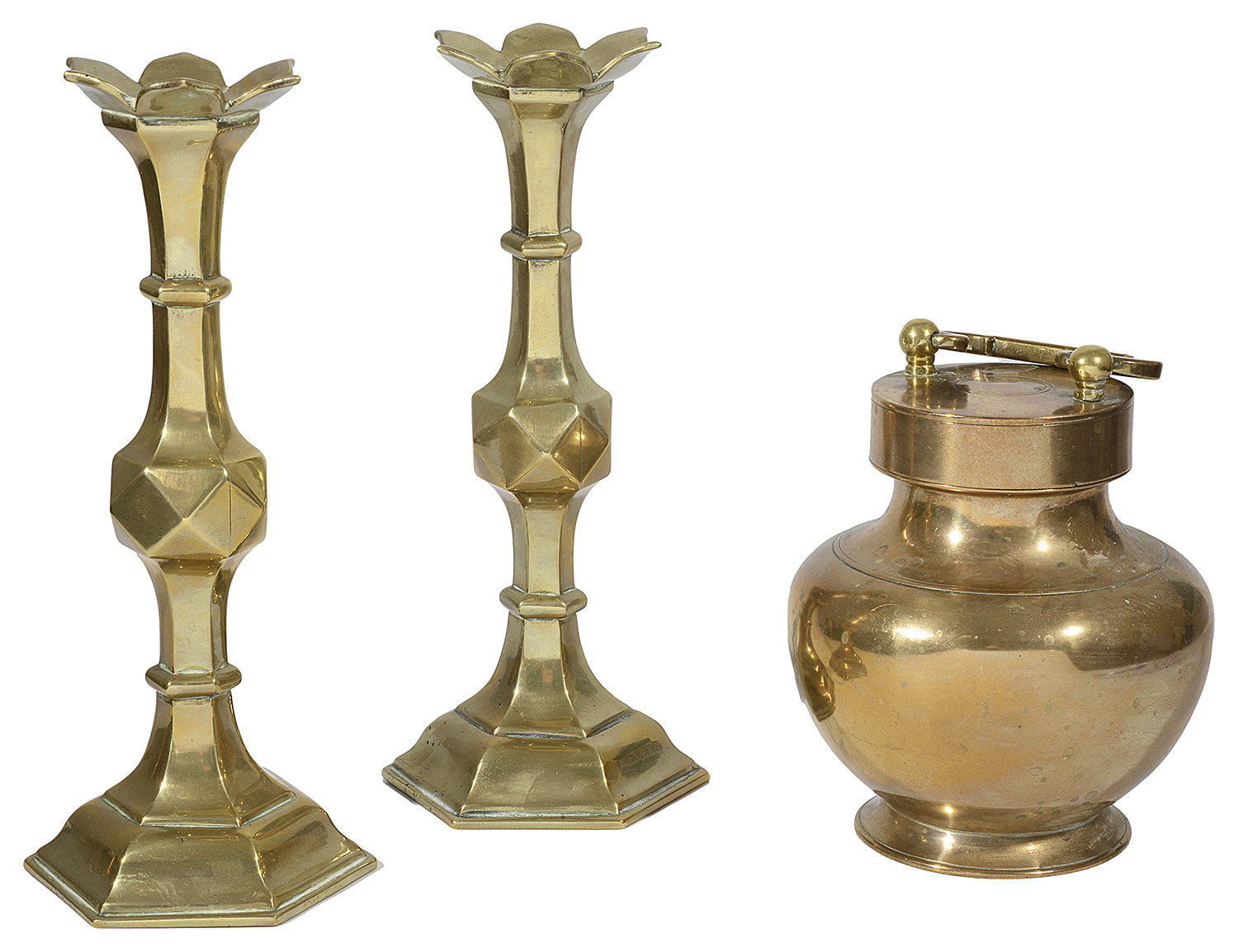 A pair of Victorian brass candlesticks and an Indian brass holy water or Gangajal pot