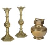 A pair of Victorian brass candlesticks and an Indian brass holy water or Gangajal pot