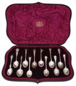 A late Victorian cased harlequin set of twelve silver coffee spoons