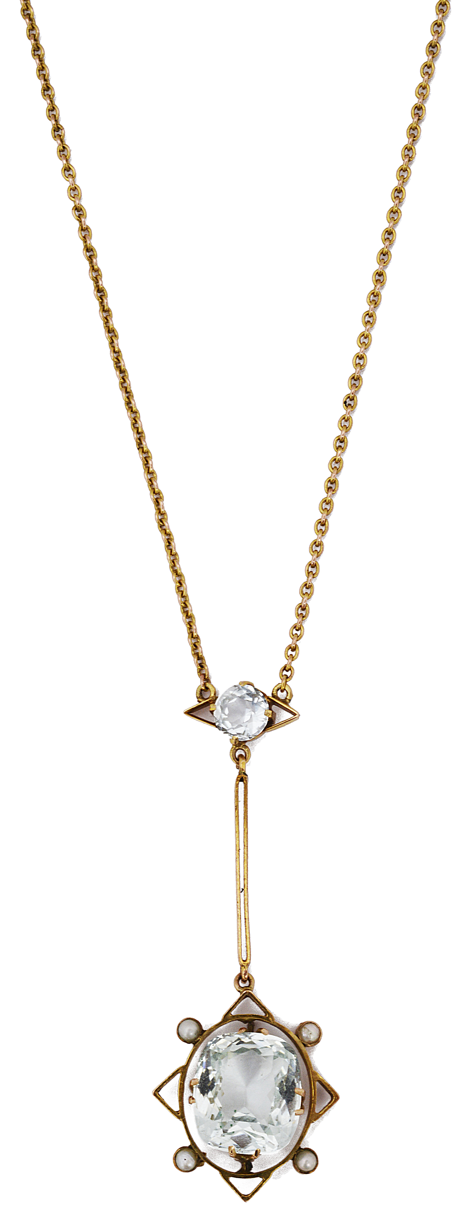 An Art Deco aquamarine and seed pearl pendant on chain - Image 2 of 2