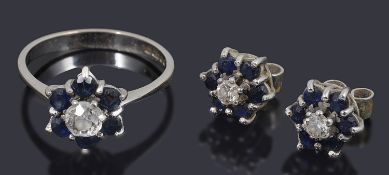 A diamond, sapphire and 18ct white gold ring, and pari of ear studs en suite,