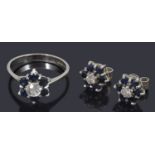 A diamond, sapphire and 18ct white gold ring, and pari of ear studs en suite,