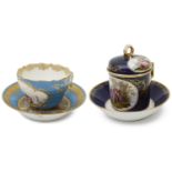 A late 19th Berlin cobalt blue ground chocolate cup and cover and stand