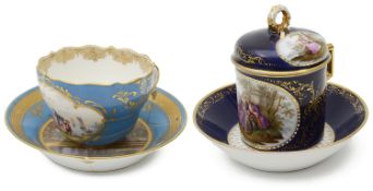A late 19th Berlin cobalt blue ground chocolate cup and cover and stand