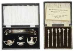 A modern novelty miniature silver five piece tea service; one other