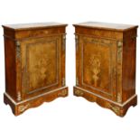A pair of Victorian figured walnut and floral marquetry inlaid pier cabinets