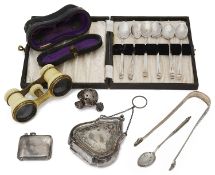 A small collection of silver and a pair of French gilt brass and ivory opera glasses