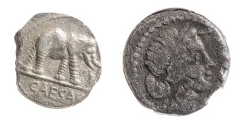 Julius Caesar Silver Denarius49-44 BCElephant advancing right, trampling horned serpent; CAESAR in