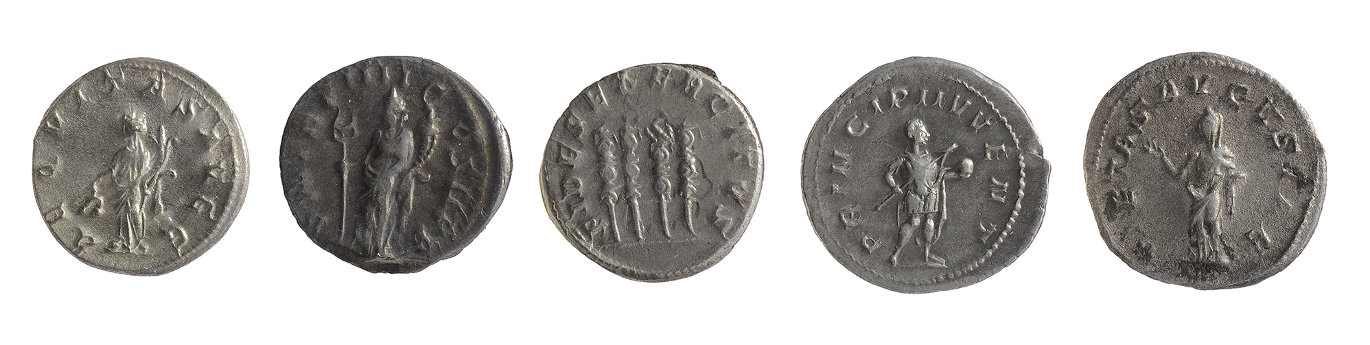 Five mid 3rd century AD Imperial Roman silver and silvered Antoninianii first Rome, 244-249 AD, - Image 2 of 2