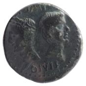 Augustus & Agrippa AE Dupondius. Nemausus, 10-14 AD. IMP DIVI F, back-to-back heads of Agrippa &