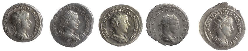 Five early 3rd century AD Imperial Roman silver Antoninianii first IMP CAES M ANT GORDIANVS AVG,