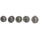 Five early 3rd century AD Imperial Roman silver Antoninianii first IMP CAES M ANT GORDIANVS AVG,