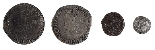 Charles I (1625-49) silver shillings and two other coinsfirst, mint mark bell, (1634-5) CAROLVS D