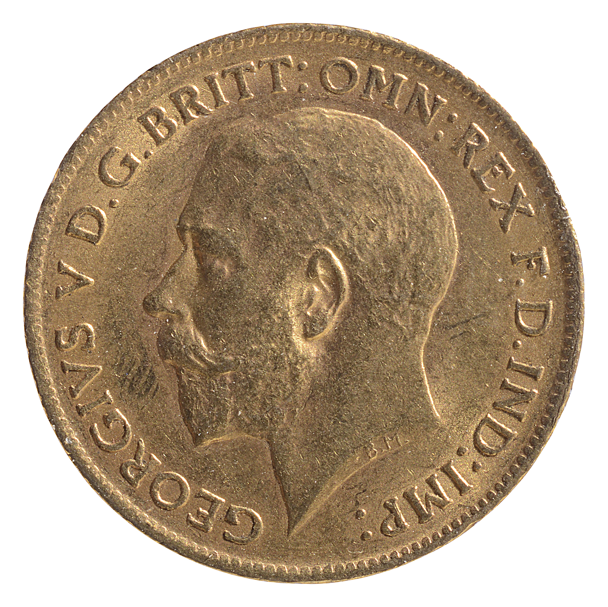 George V half sovereign GEORGIVS V D.G.BRITT:OMN:REX F.D.IND:IMP: Uncrowned portrait of King