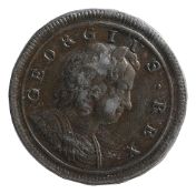 George I Halfpenny1719Laureate and cuirassed bust right, second bust / Britannia seated left on