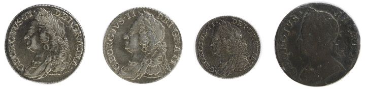 George II Silver Shilling1758Old laureate and draped bust, left / Crowned cruciform shields,