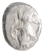 Lydia Silver Siglosc. 450-330 BC.The Great King kneeling right, holding spear and bow / Oblong