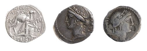 M. Aemilius Scaurus and Pub. Plautius Hypsaeus Silver Denarius58 BCNabatean king Aretas kneeling