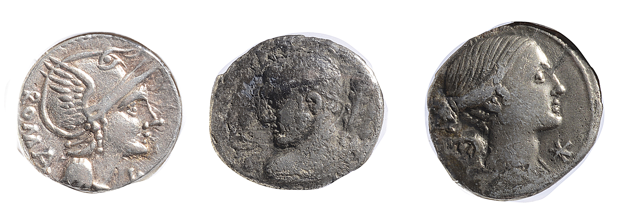 L. Flaminius Chilo Silver Denarius109-108 BCHelmeted head of Roma, right, ROMA behind / Victory,