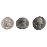 L. Flaminius Chilo Silver Denarius109-108 BCHelmeted head of Roma, right, ROMA behind / Victory,