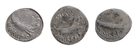 Marc Antony Legionary Denarius. Legion V32-31 BC.III. VIR. R. P. C, praetorian galley to right / LEG