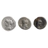 P. Servilius M.f. Rullus Silver Denarius100 BCHelmeted bust of Minerva left, wearing aegis; RVLLI