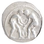 Pamphylia Silver Staterc. 380-330 BC.Two wrestlers grappling; LO between / Slinger in throwing