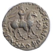 Indo-Scythian Kings of Bactria, Azes II Silver Tetradrachm.c 35 BC-5 AD.King on horseback riding