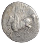 Corinthia, Corinth Silver Staterc. 375-300 BC.Pegasus flying left, quoppa below / Helmeted head of