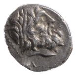 Thessalian League Silver Double Victoriatus196-146 BCLaureate head of Zeus right / Athena Itonia