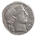 M. Nonius Sufenas Silver Denarius62 BCBON EVENT - LIBO; Diademed head of Bonus Eventus right, with